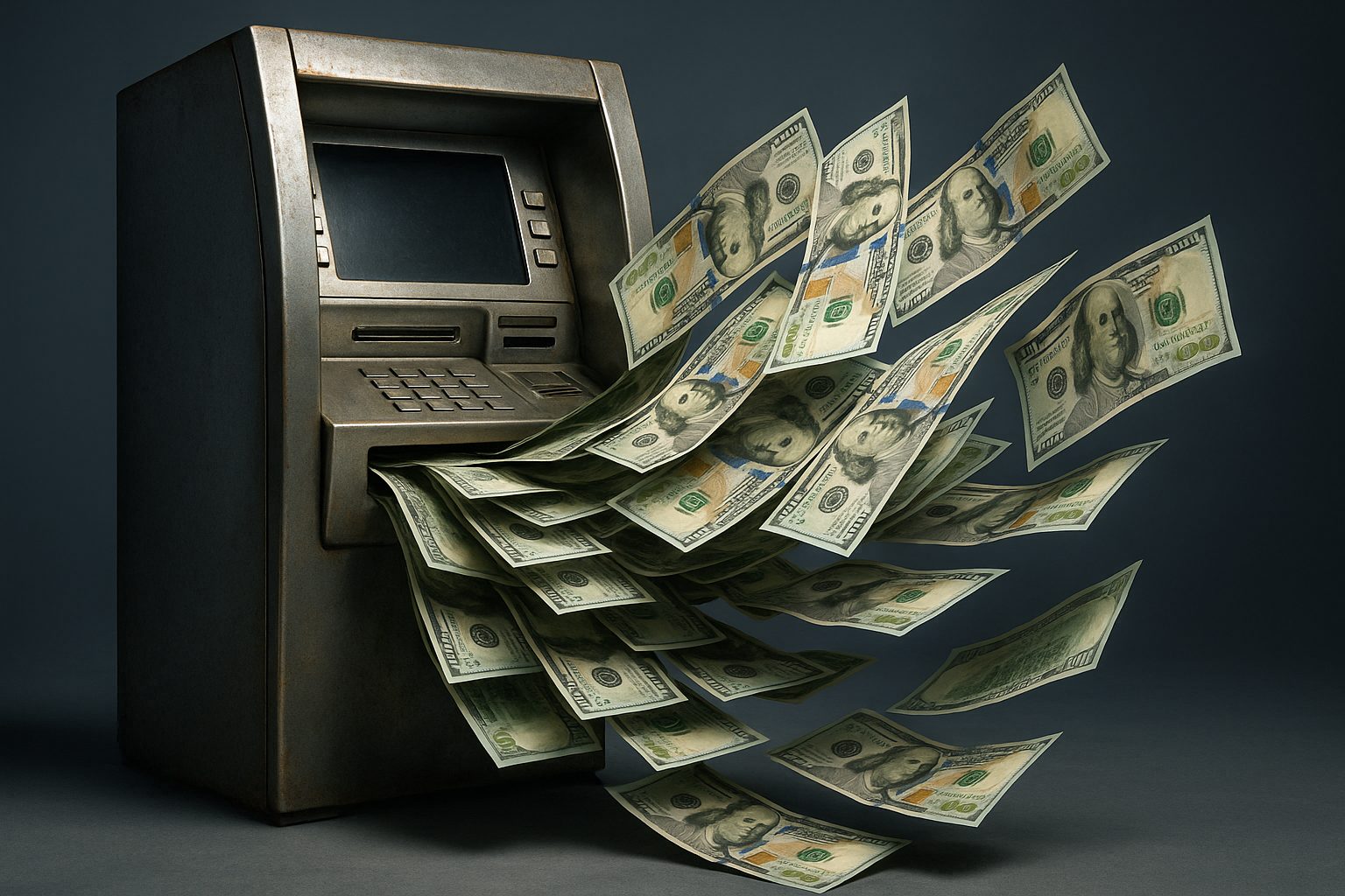 Cascada de billetes: metáfora del dinero que parece fluir sin límites desde un ATM