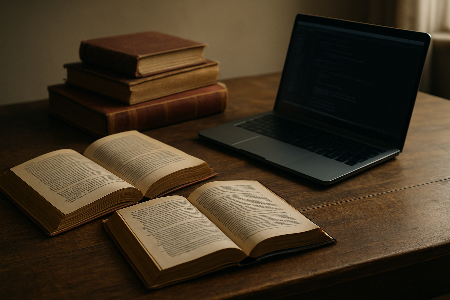Mesa de madera con libros y portátil: estudio, frugalidad y riqueza silenciosa